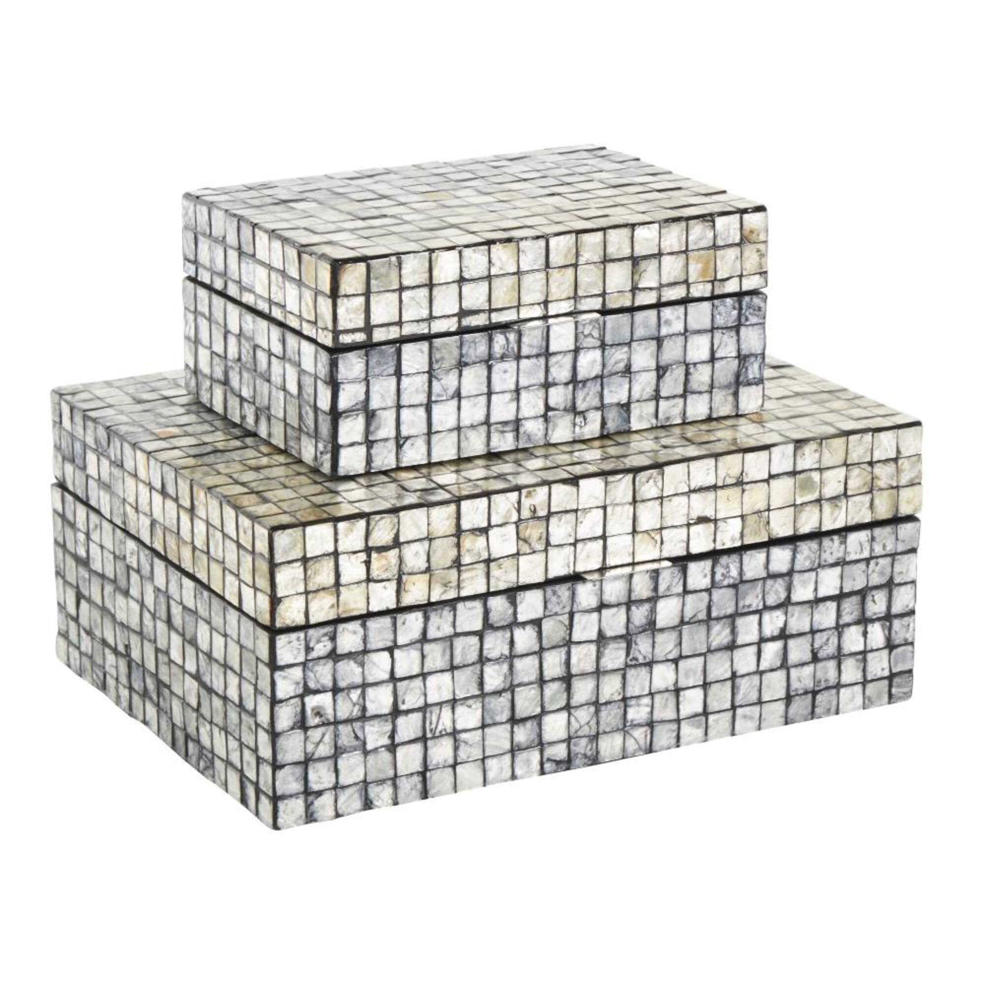Gray Mother of Pearl Shell Geometric Handmade Square Mosaic Storage Box Set